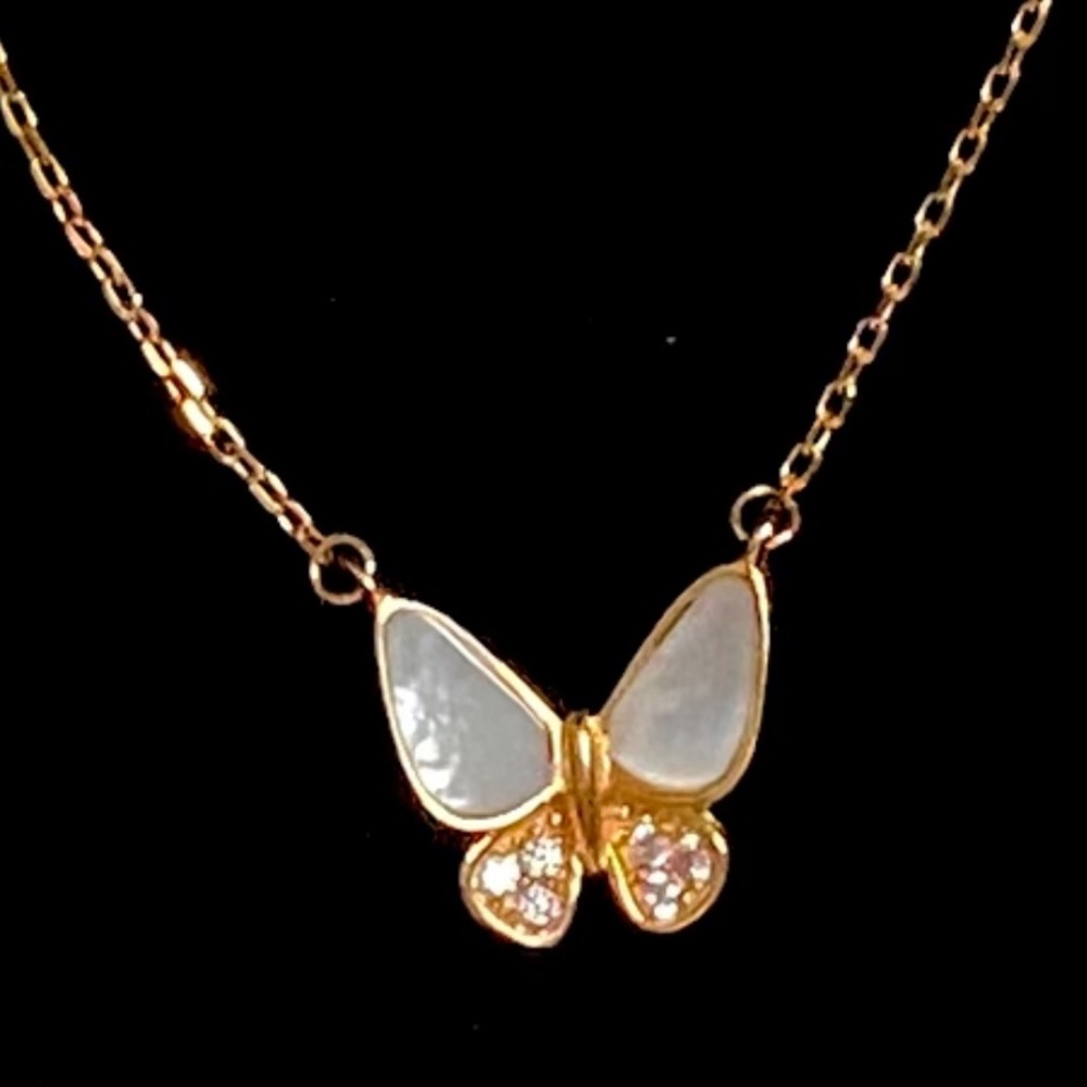14k solid rose gold mother of pearl CZ butterfly necklace new